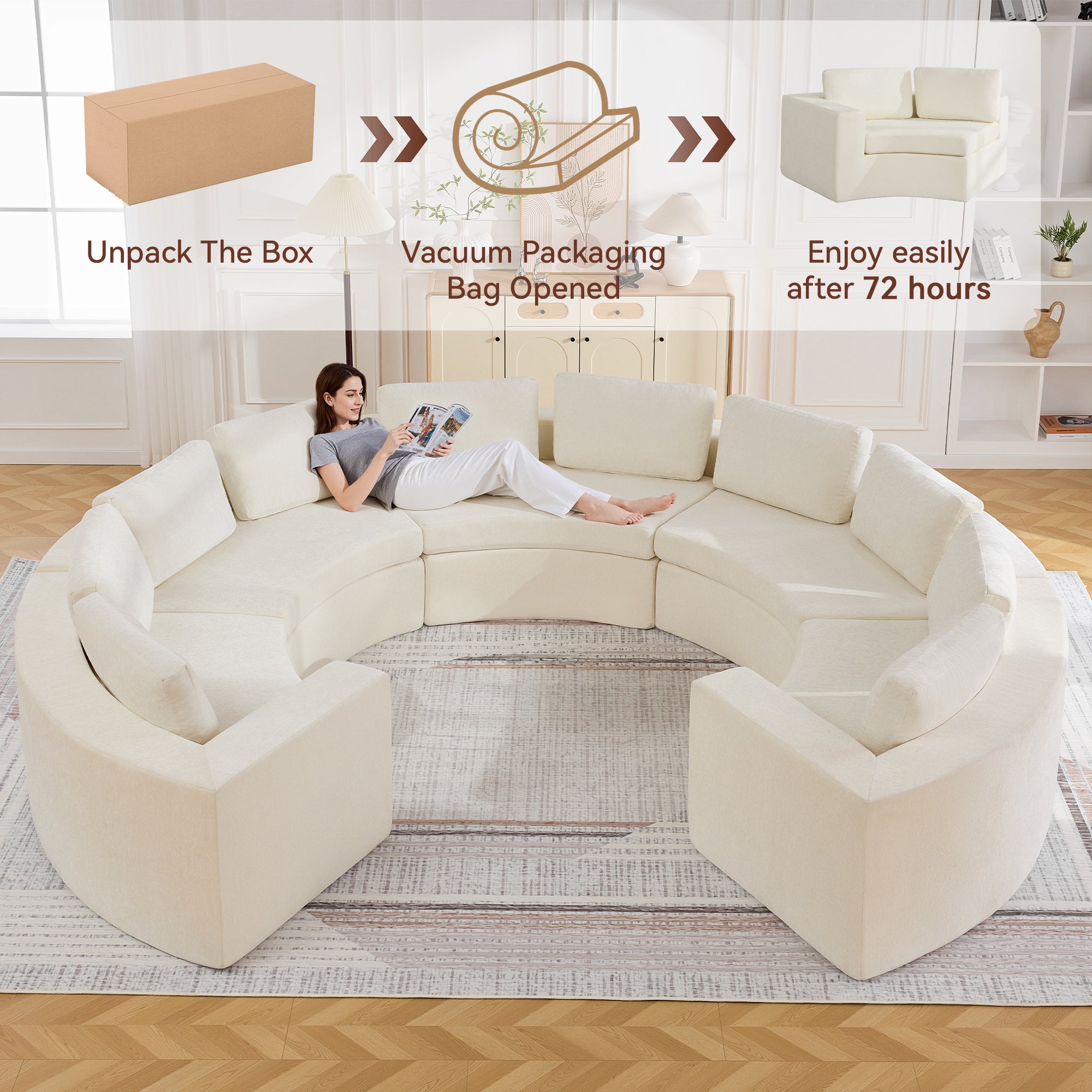 Curved Compression Sectional Couch，10 Seater，White