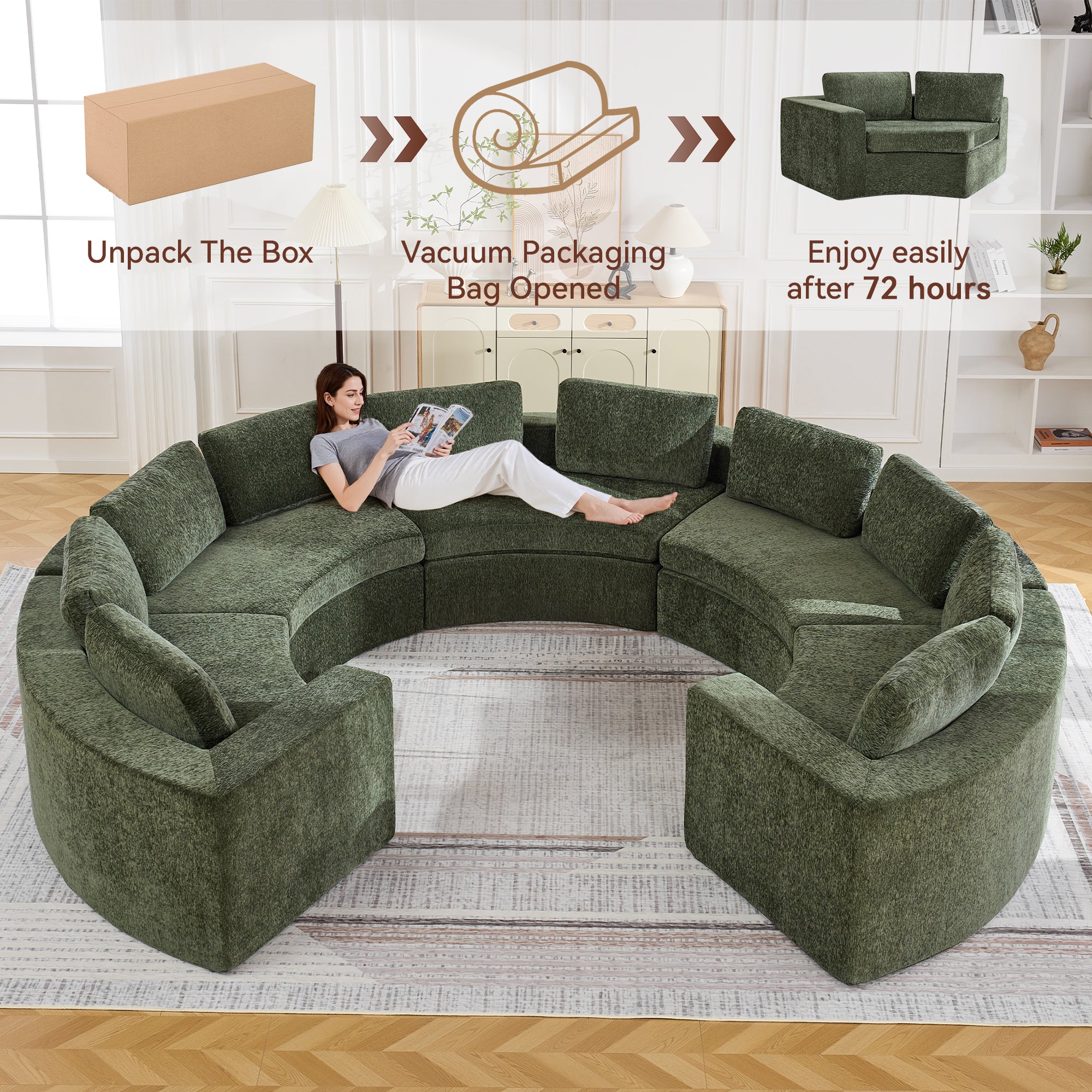 Curved Compression Sectional Couch，10 Seater，Green