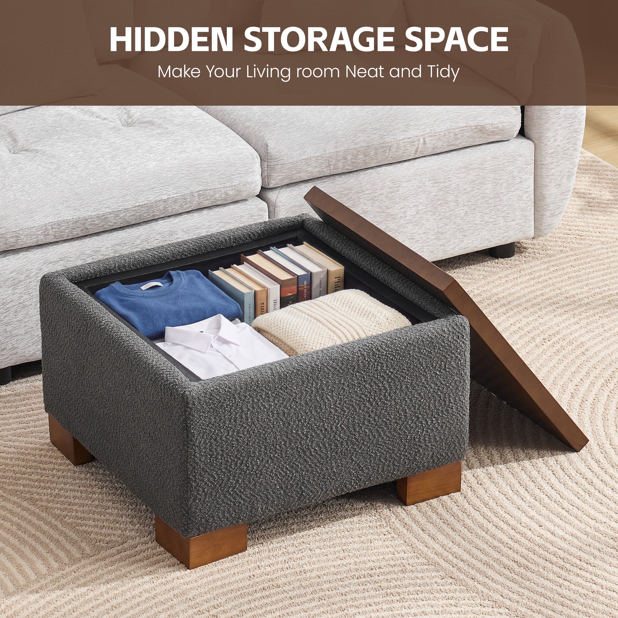 24" Square Storage Ottoman，Dark Gray