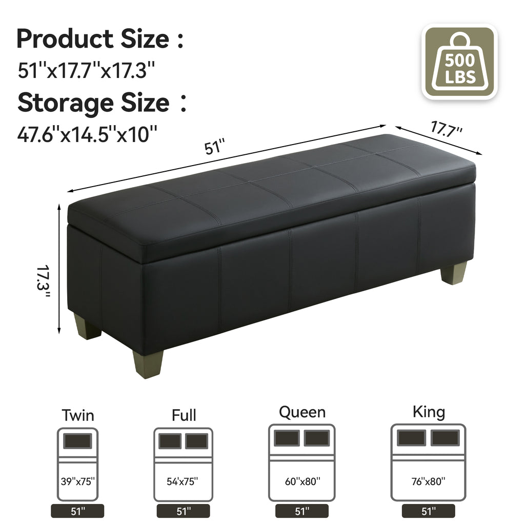 Faux Leather Storage Ottoman Bench, Rectangle Upholstered Storage Bench with Wooden Legs, Stitch Tufted Bench with Storage for Bedroom, Living Room, Entryway