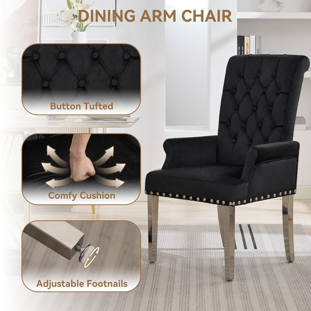 Velvet Dining Chair with Arms，Black