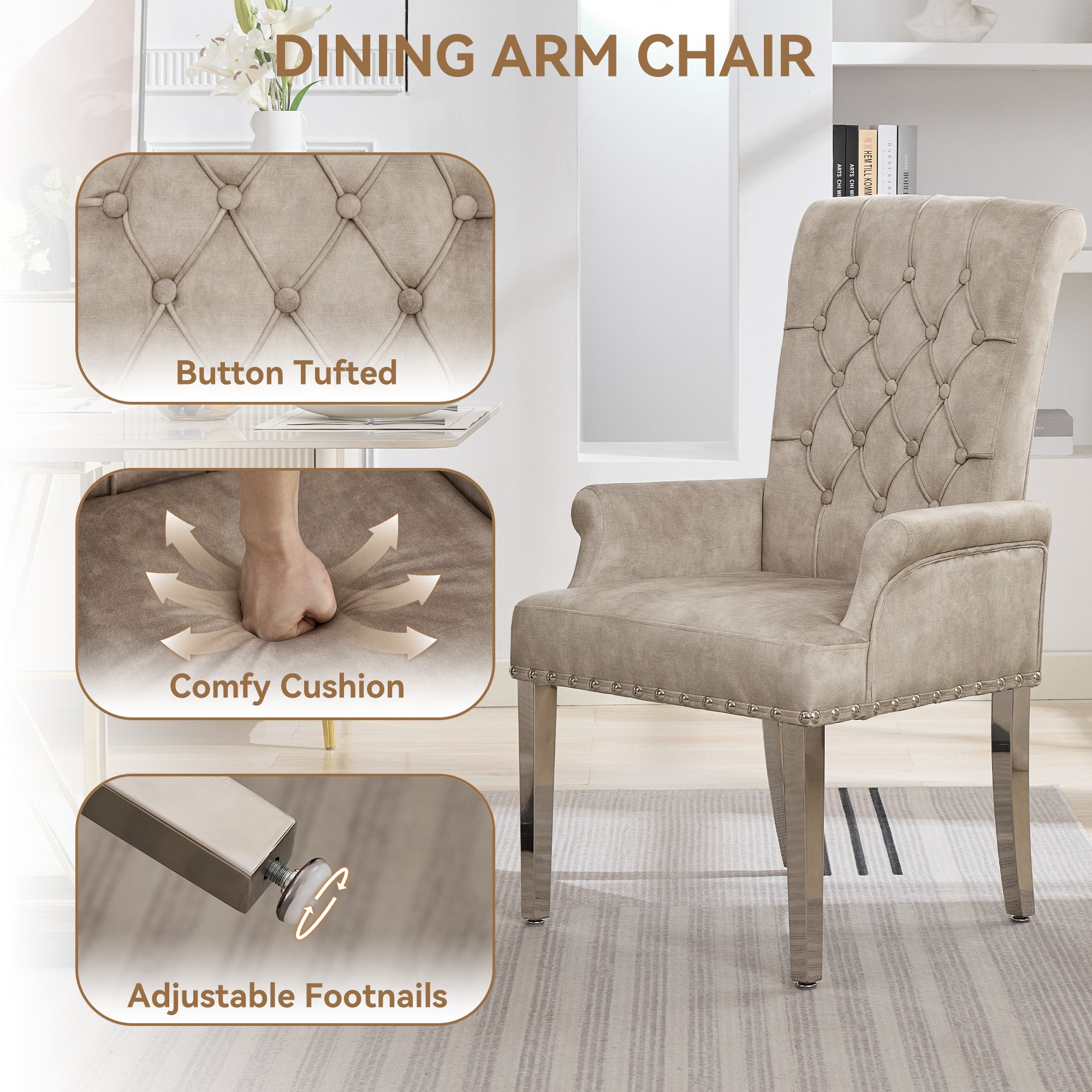 Velvet Dining Chair with Arms，Taupe