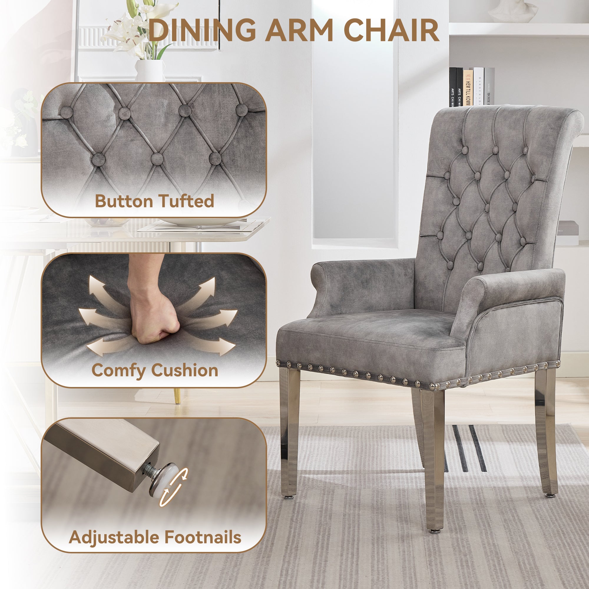 Velvet Dining Chair with Arms，Gray