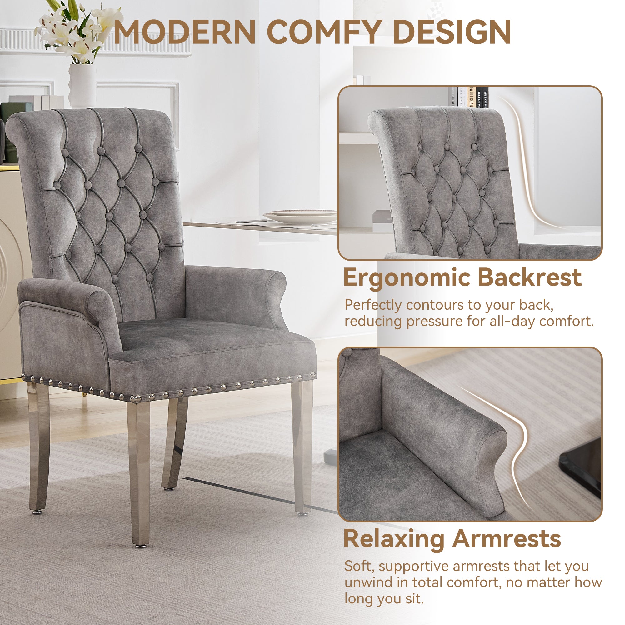 Velvet Dining Chair with Arms，Gray