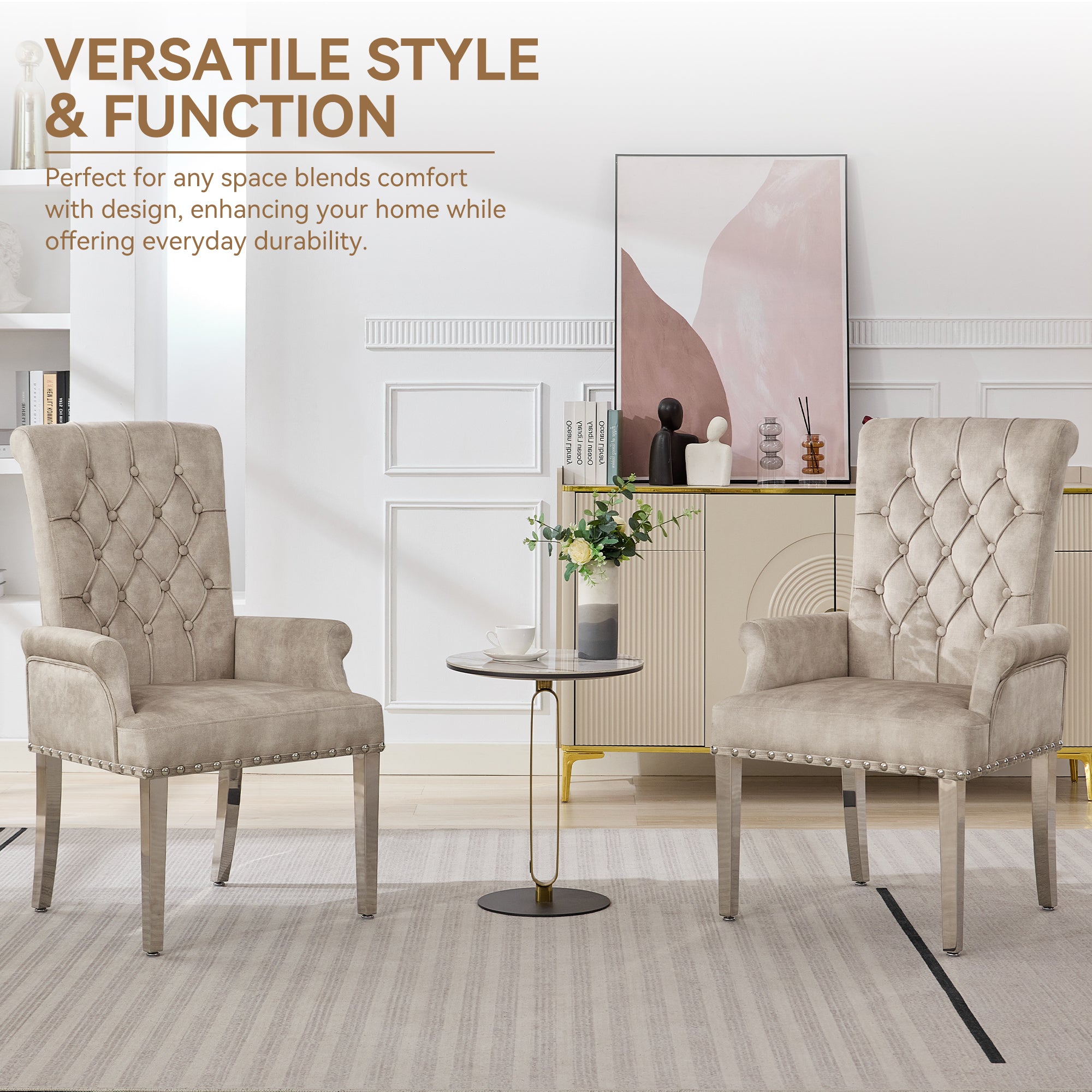 Velvet Dining Chair with Arms，Taupe