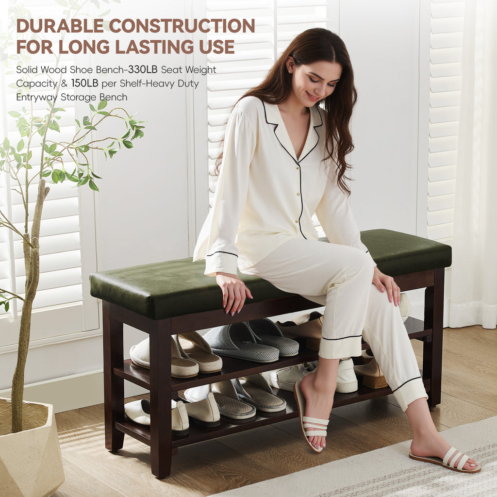 40" Shoe Bench with Leather Cushion, Green