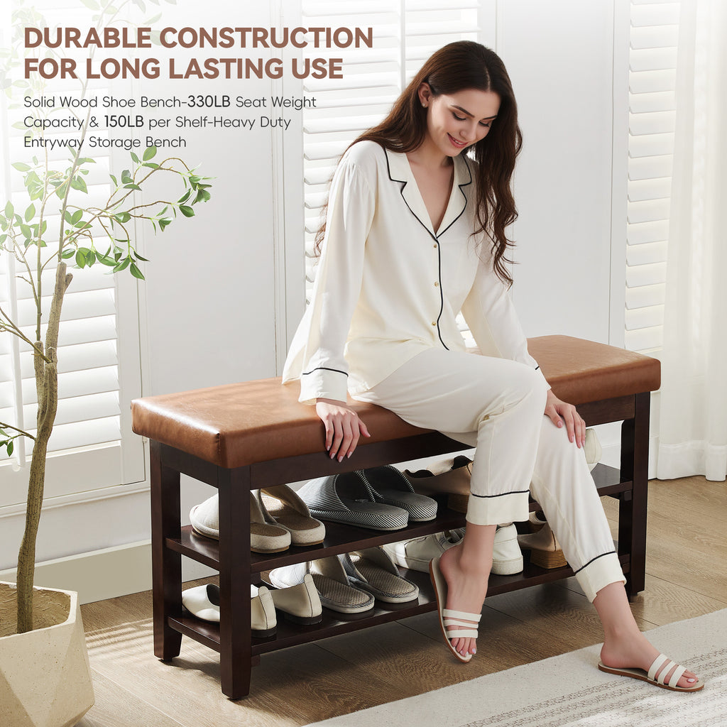 40" Shoe Bench with Leather Cushion, Bright Brown