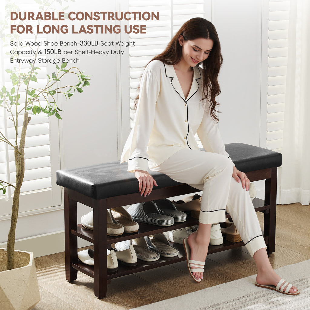 40" Shoe Bench with Leather Cushion, Black