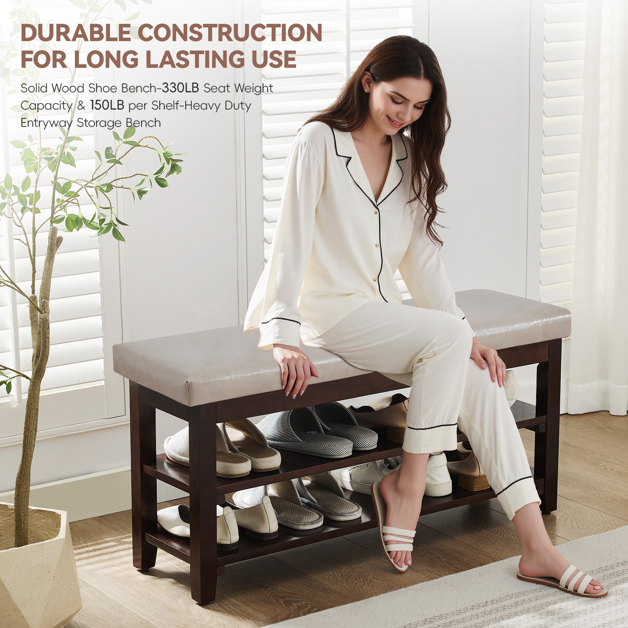 40" Shoe Bench with Leather Cushion, Gray