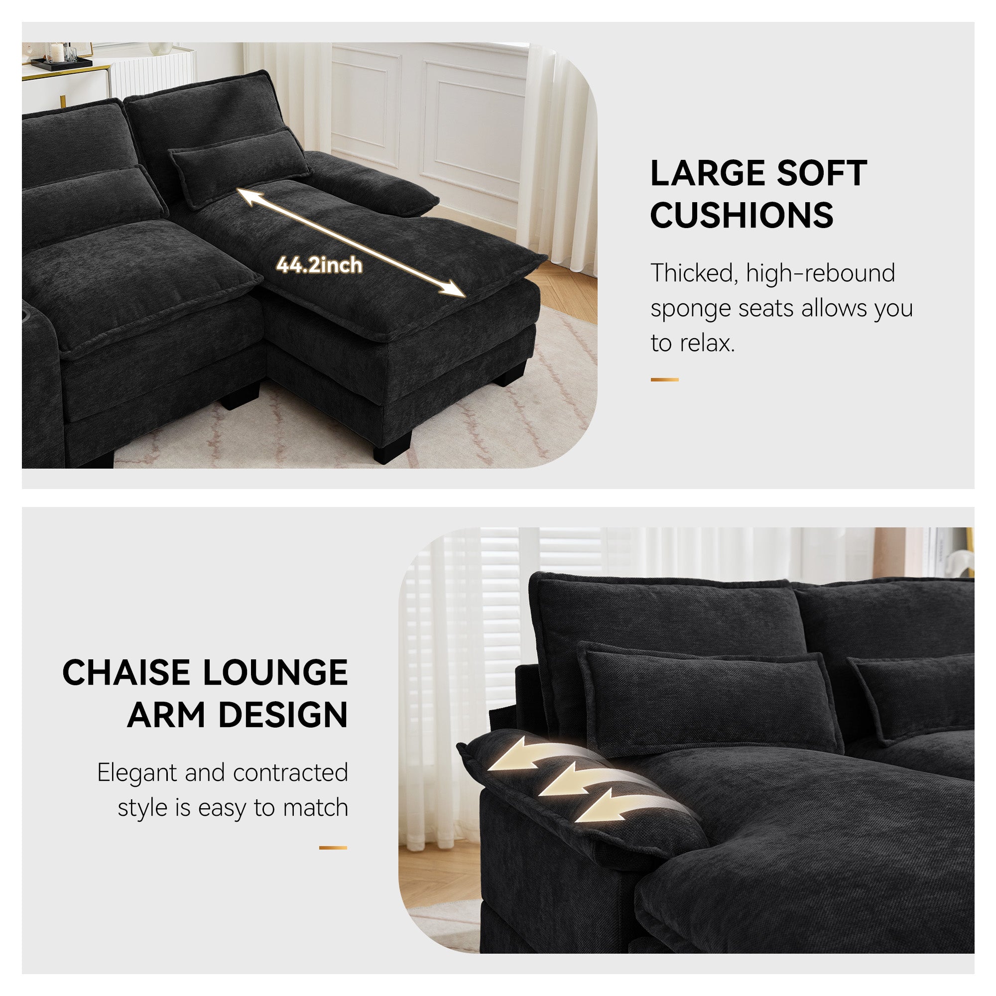 U Shaped Cloud Modular Sofa with Chaise Lounges，Black