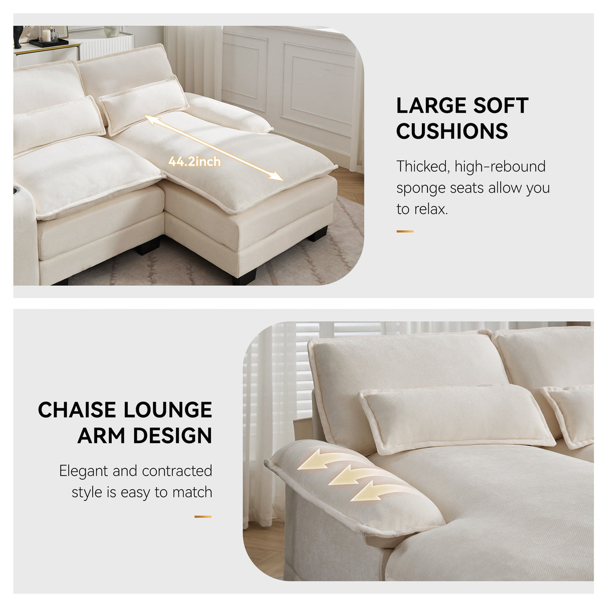 125'' U Shaped Cloud Modular Sectional Sofa with Chaise Lounges, Chenille Upholstered Comfy Couch with Storage Console, USB Charging Ports & Cup Holders, Modern Deep Seat Sofa for Living Room