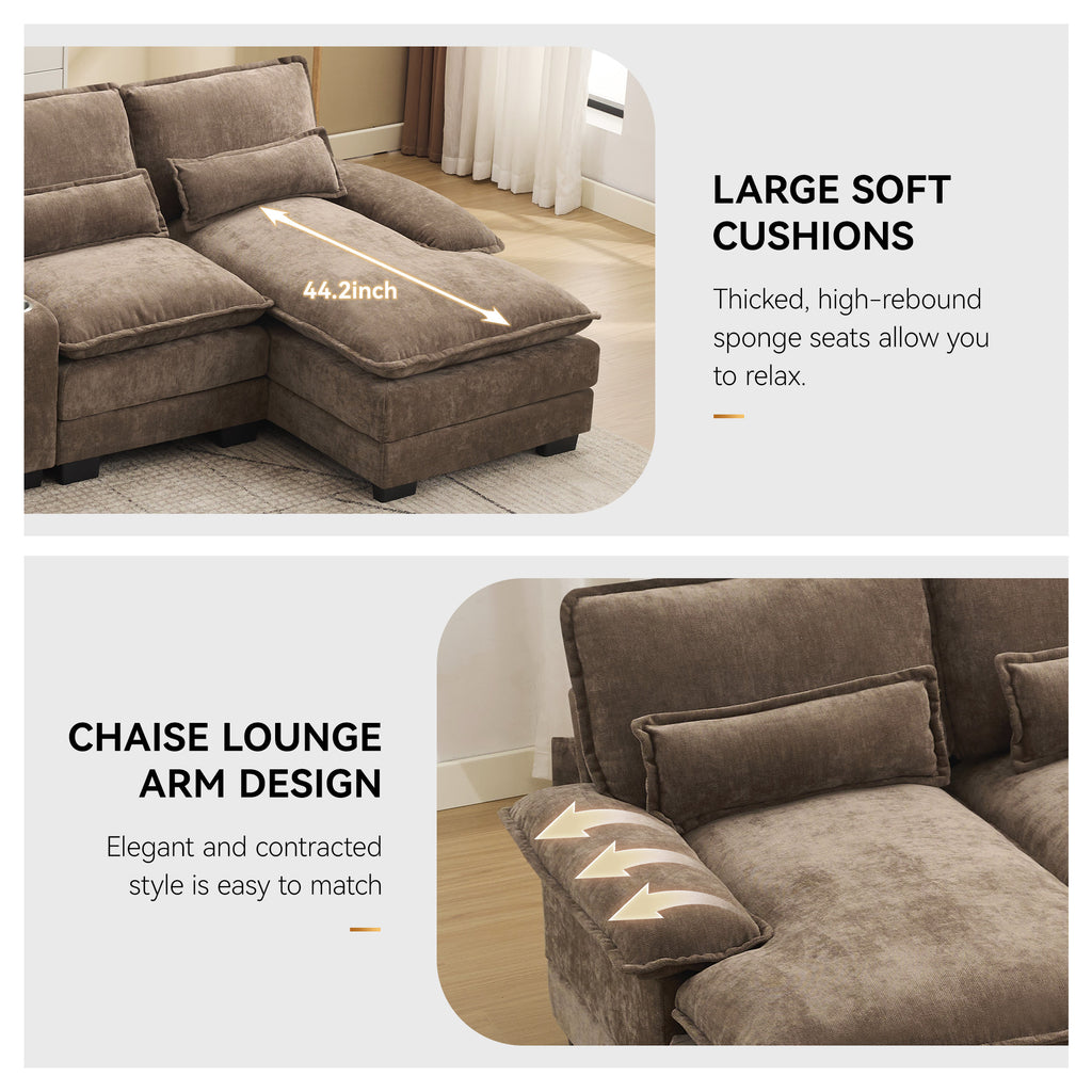 U Shaped Cloud Modular Sofa with Chaise Lounges，Brown