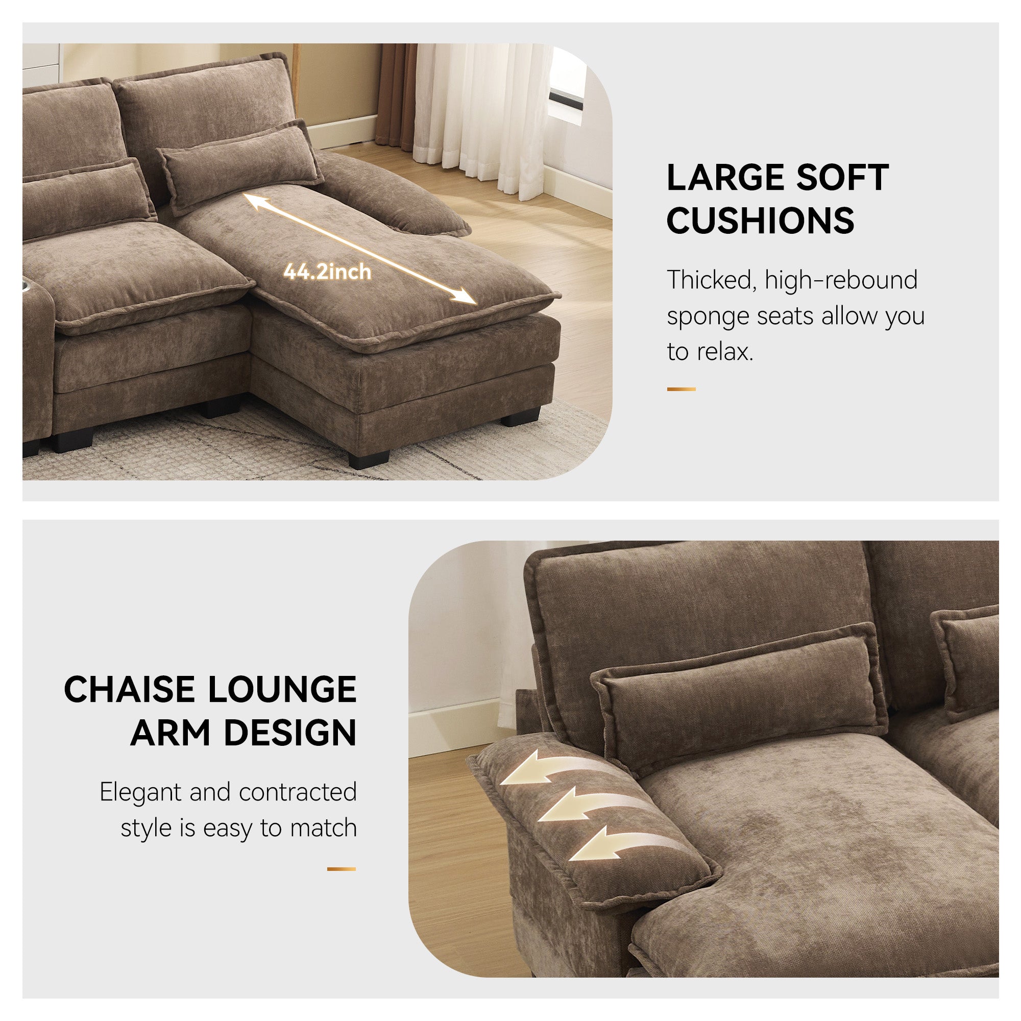 U Shaped Cloud Modular Sofa with Chaise Lounges，Brown
