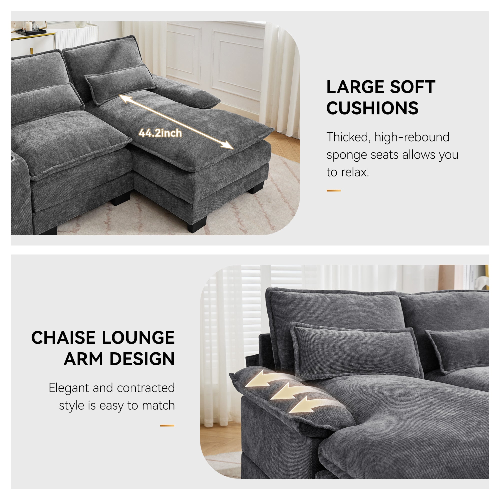 U Shaped Cloud Modular Sofa with Chaise Lounges，Gray