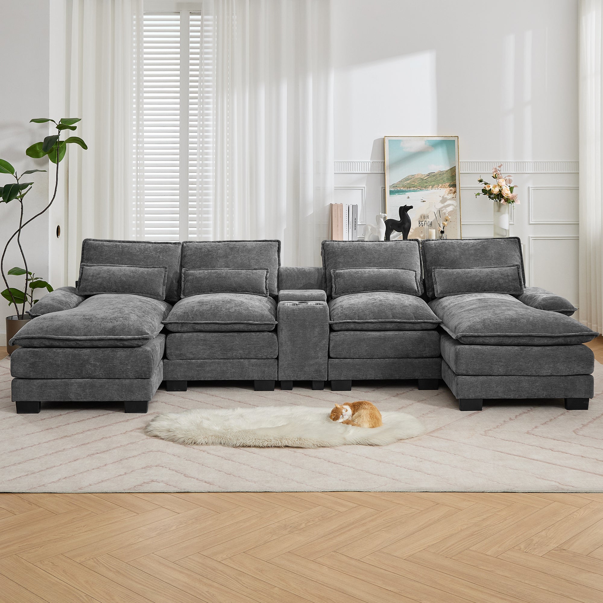 U Shaped Cloud Modular Sofa with Chaise Lounges，Gray