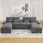 125'' U Shaped Cloud Modular Sectional Sofa with Chaise Lounges, Chenille Upholstered Comfy Couch with Storage Console, USB Charging Ports & Cup Holders, Modern Deep Seat Sofa for Living Room