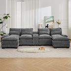 125'' U Shaped Cloud Modular Sectional Sofa with Chaise Lounges, Chenille Upholstered Comfy Couch with Storage Console, USB Charging Ports & Cup Holders, Modern Deep Seat Sofa for Living Room