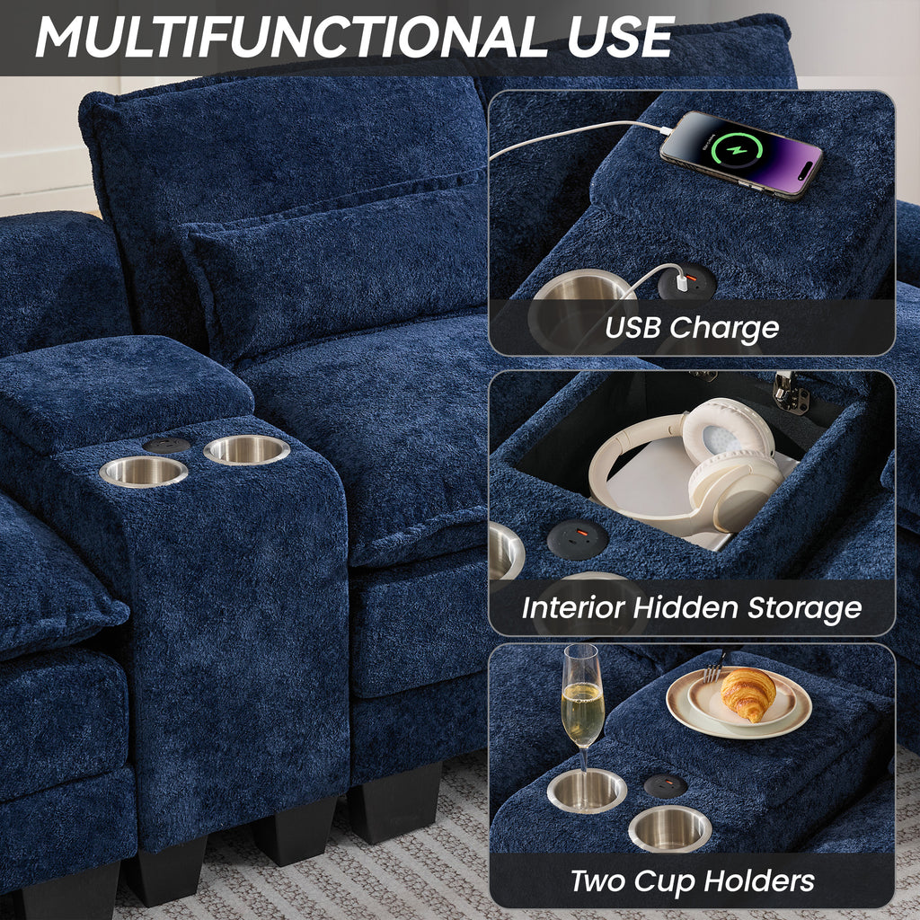 U Shaped Cloud Modular Sofa with Chaise Lounges，Navy