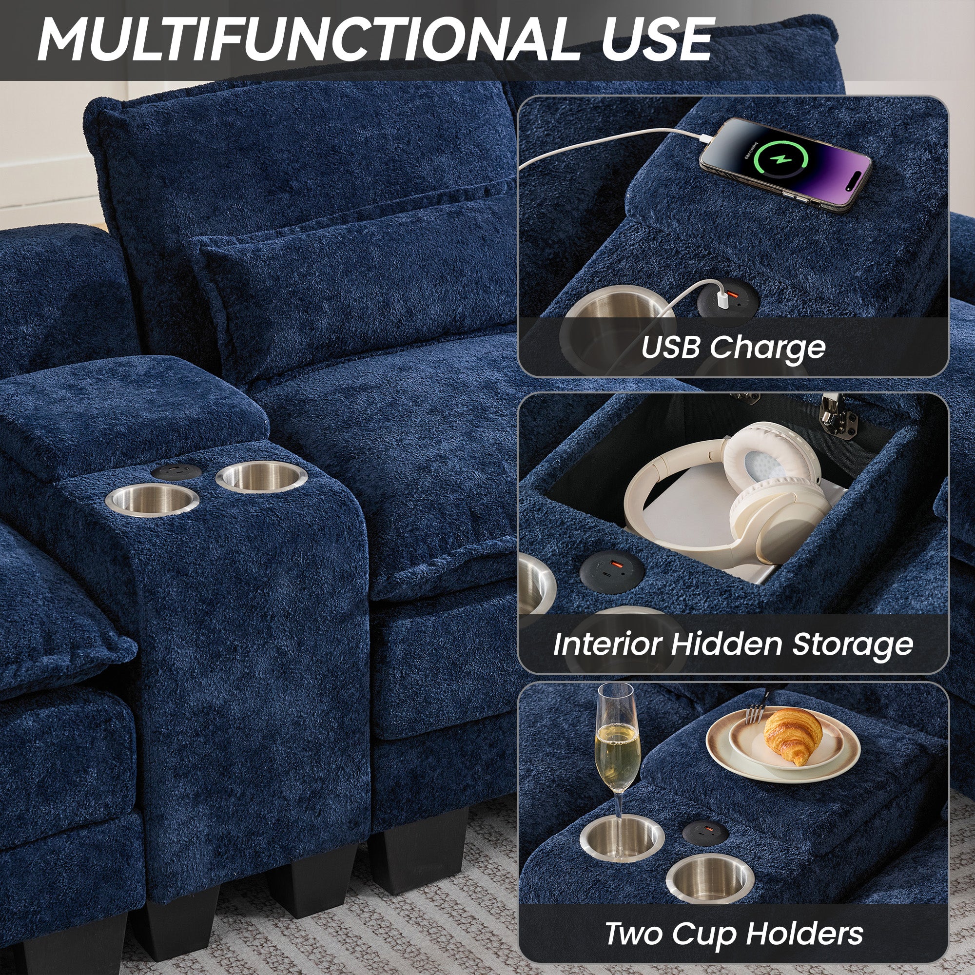 U Shaped Cloud Modular Sofa with Chaise Lounges，Navy