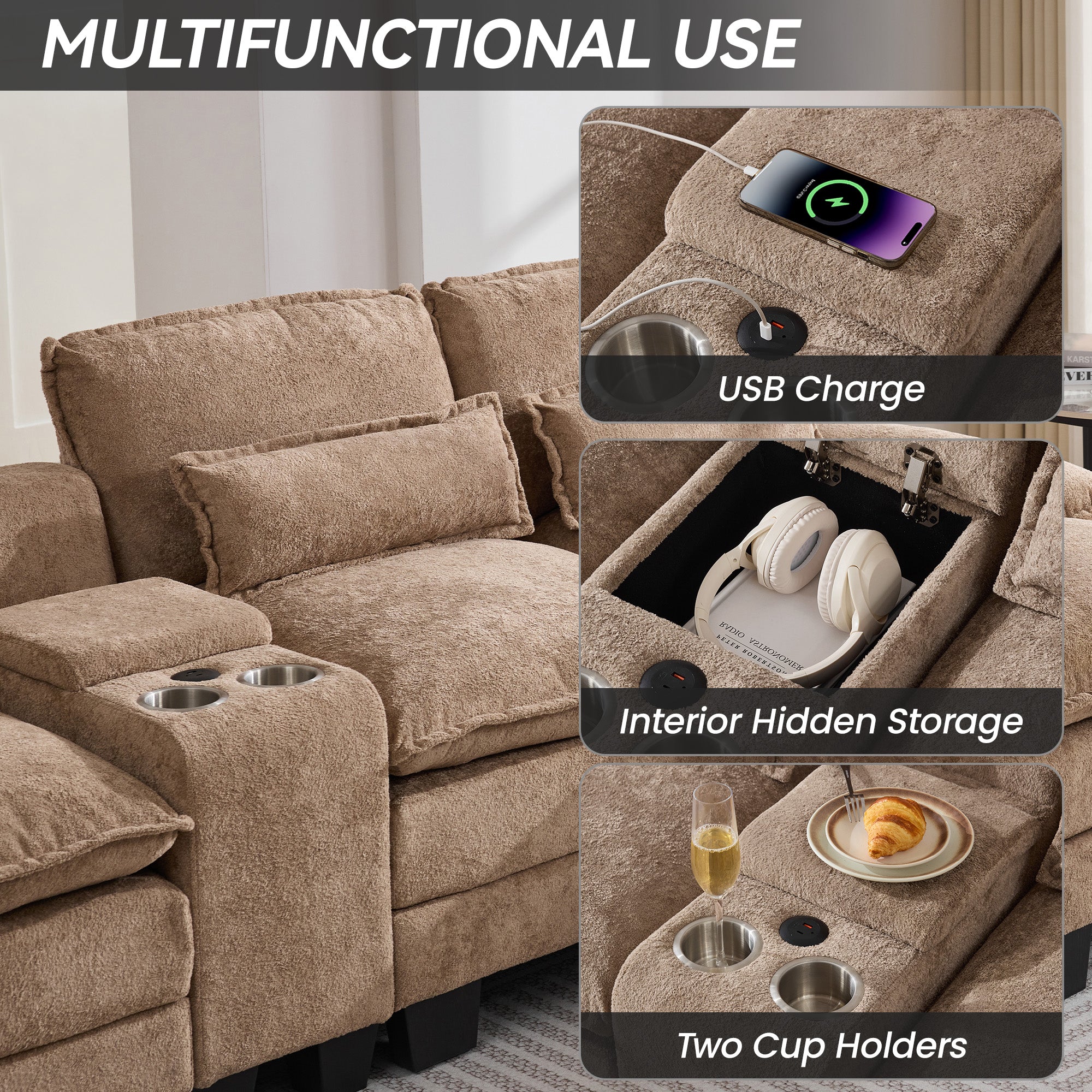 U Shaped Cloud Modular Sofa with Chaise Lounges，Camel