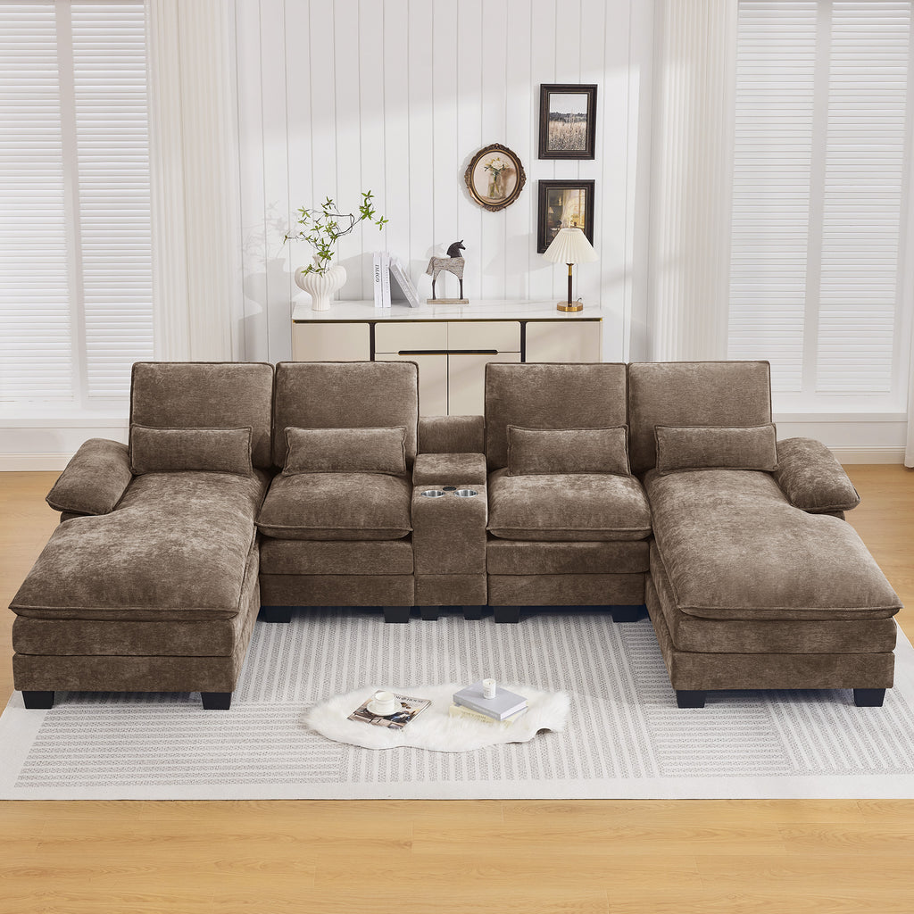 125'' U Shaped Cloud Modular Sectional Sofa with Chaise Lounges, Chenille Upholstered Comfy Couch with Storage Console, USB Charging Ports & Cup Holders, Modern Deep Seat Sofa for Living Room