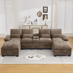 125'' U Shaped Cloud Modular Sectional Sofa with Chaise Lounges, Chenille Upholstered Comfy Couch with Storage Console, USB Charging Ports & Cup Holders, Modern Deep Seat Sofa for Living Room