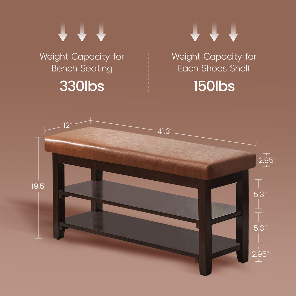 40" Shoe Bench with Leather Cushion, Bright Brown