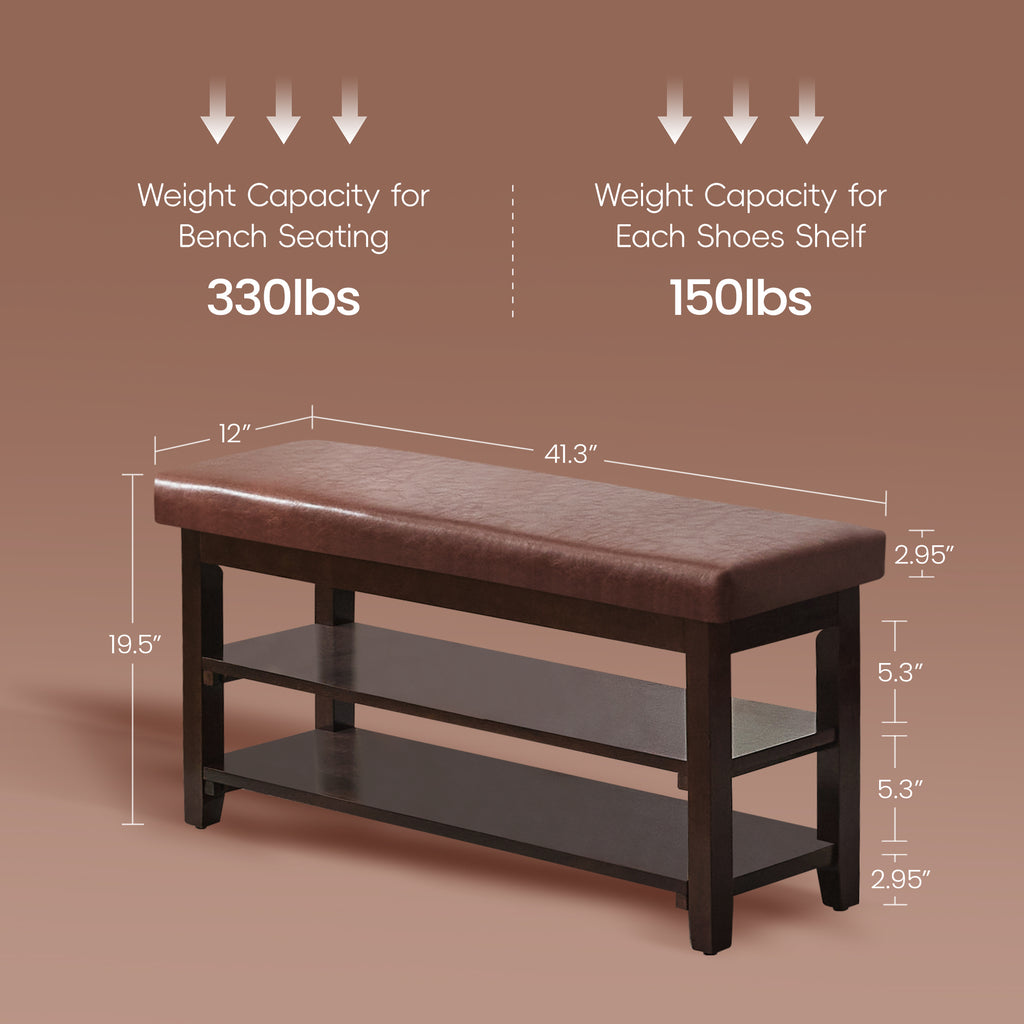 40" Shoe Bench with Leather Cushion, Brown
