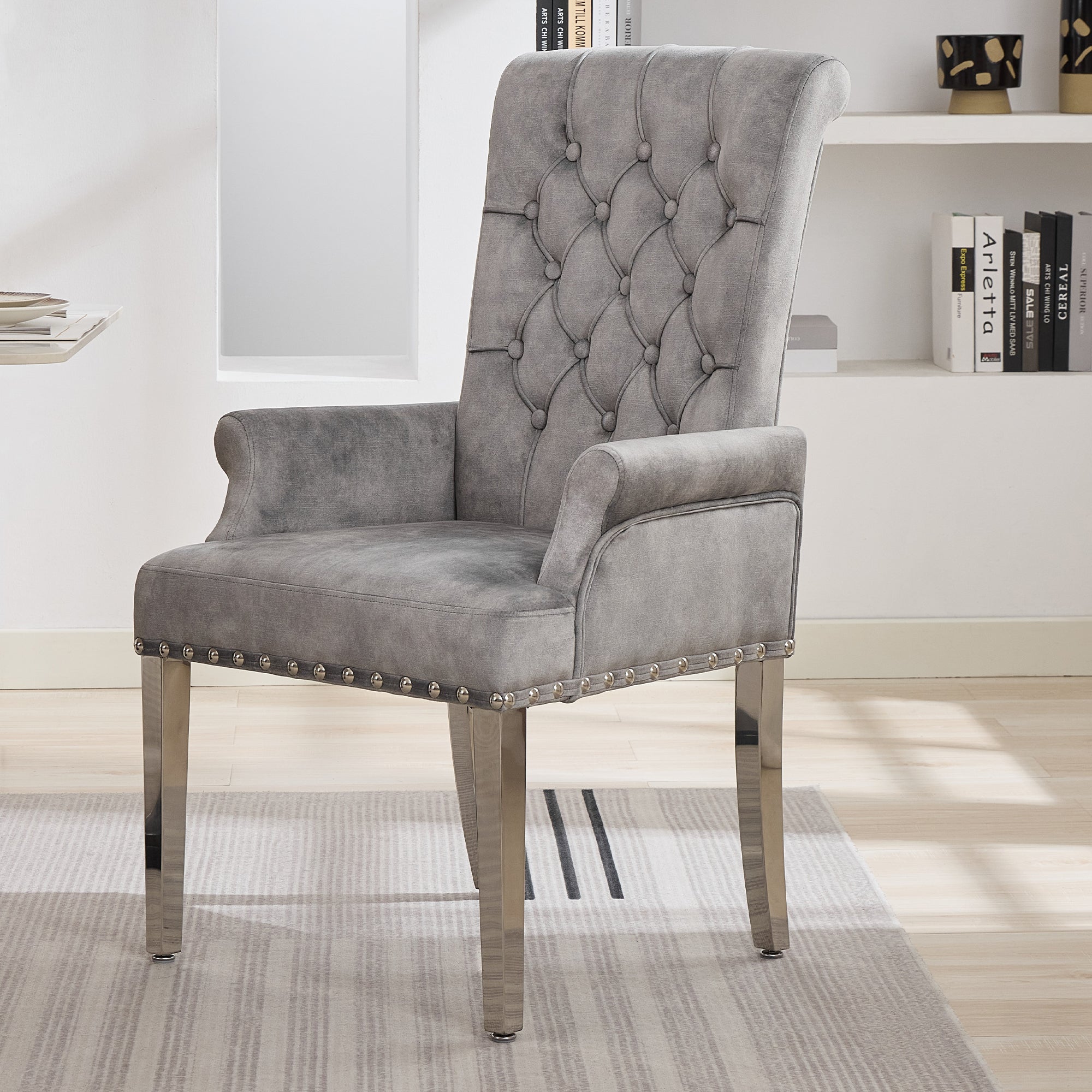 Velvet Dining Chair with Arms，Gray