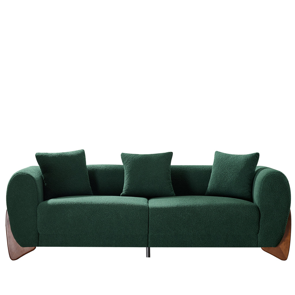 87" Boucle Couch with Solid Wood Legs, Green