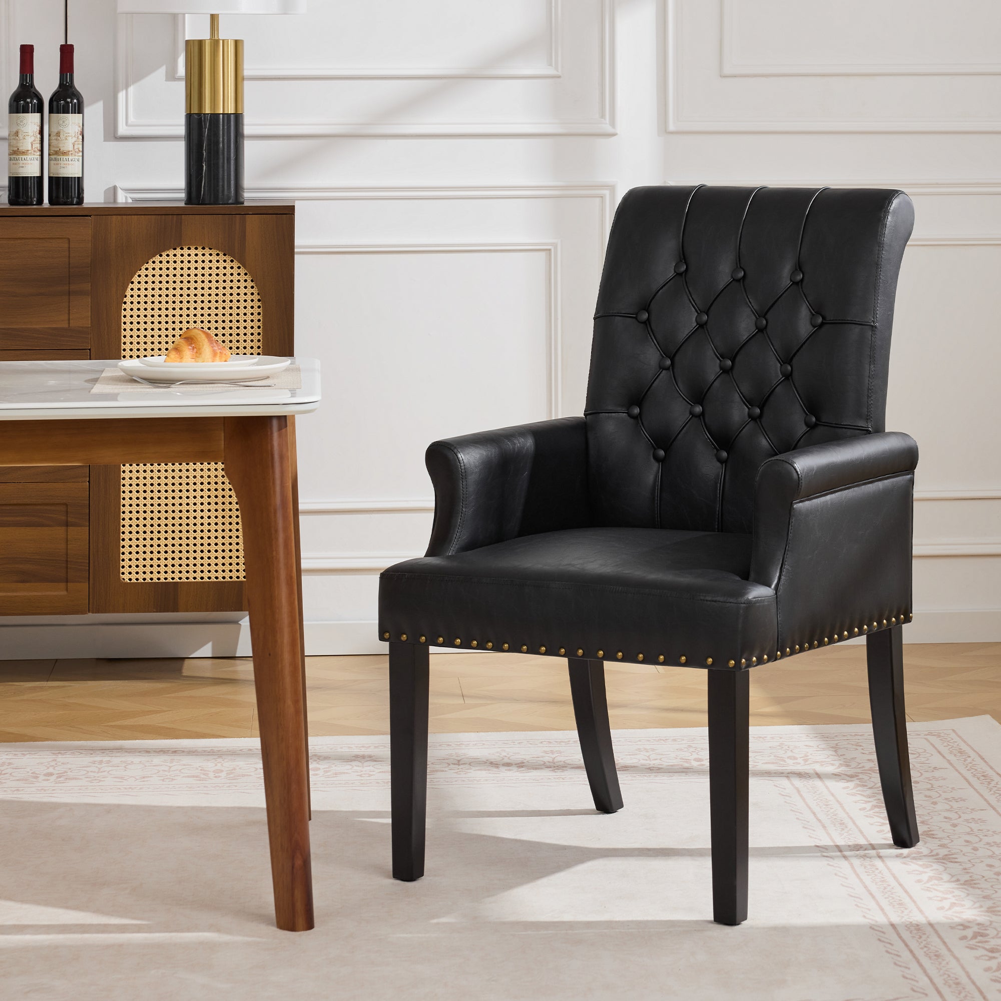 PU Leather Dining Chair with Arms, Black