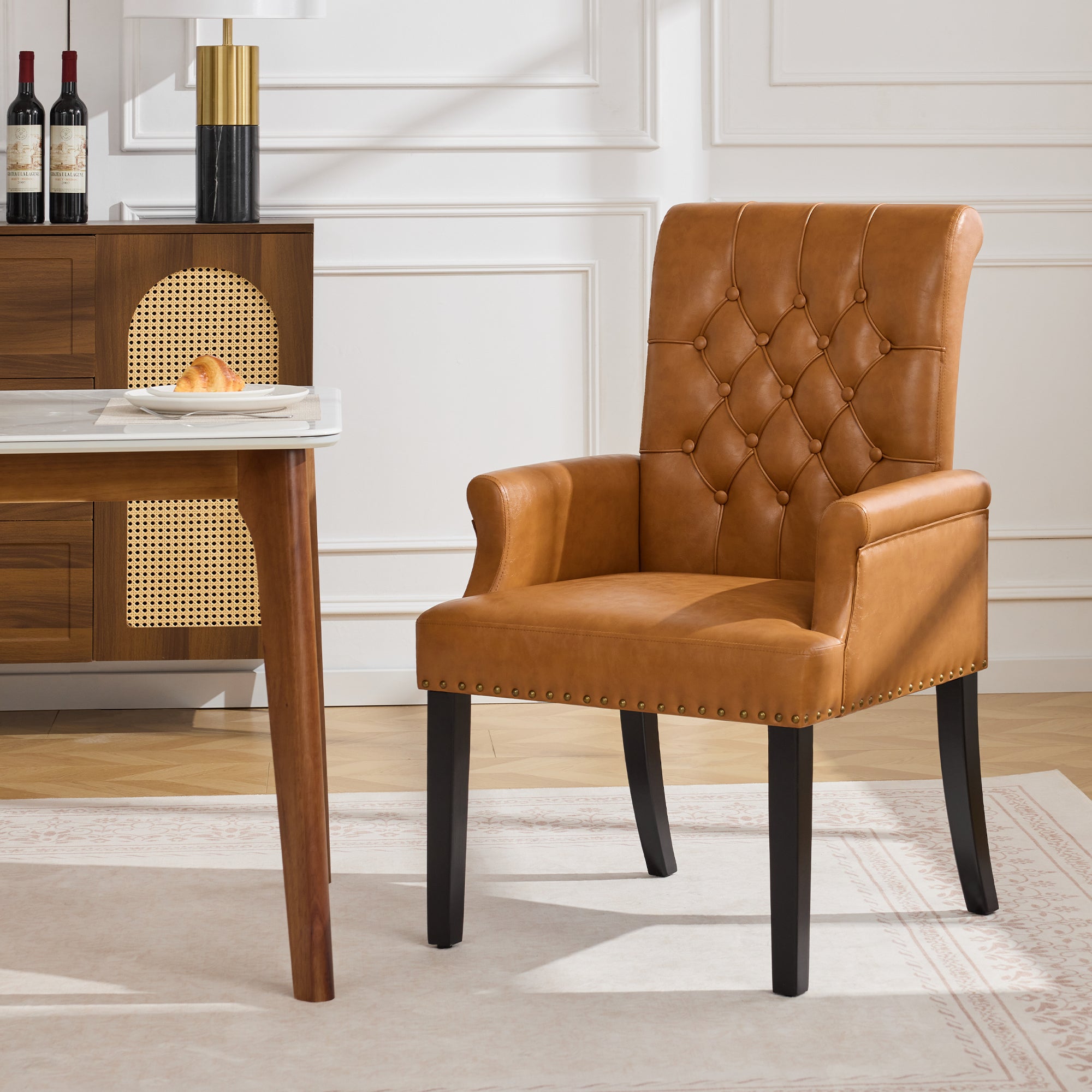 PU Leather Dining Chair with Arms, Light Brown