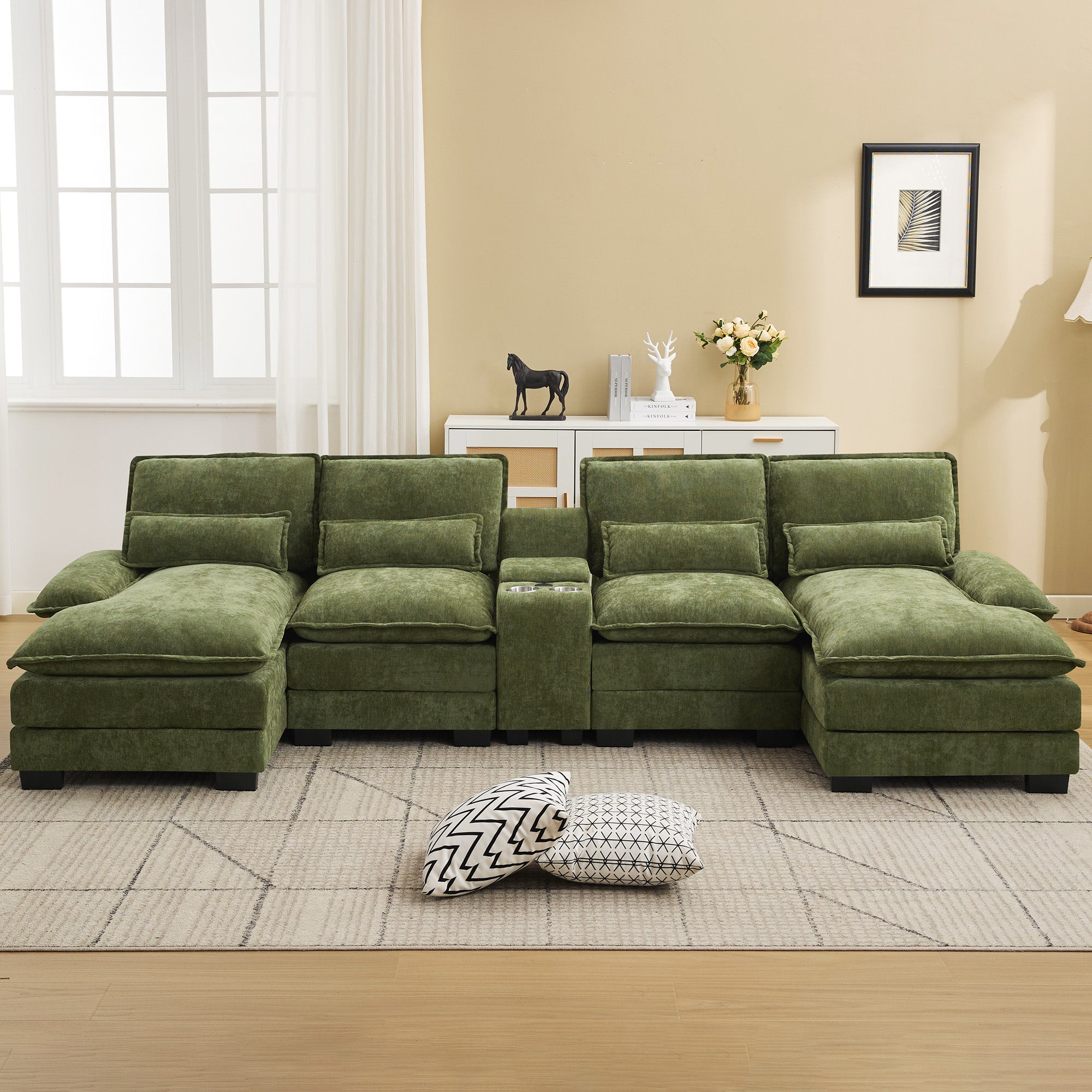 U Shaped Cloud Modular Sofa with Chaise Lounges，Green