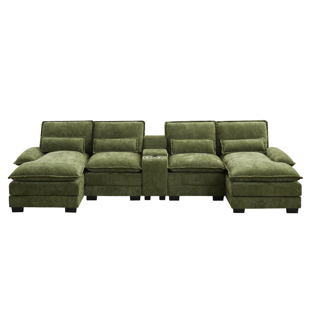 U Shaped Cloud Modular Sofa with Chaise Lounges，Green