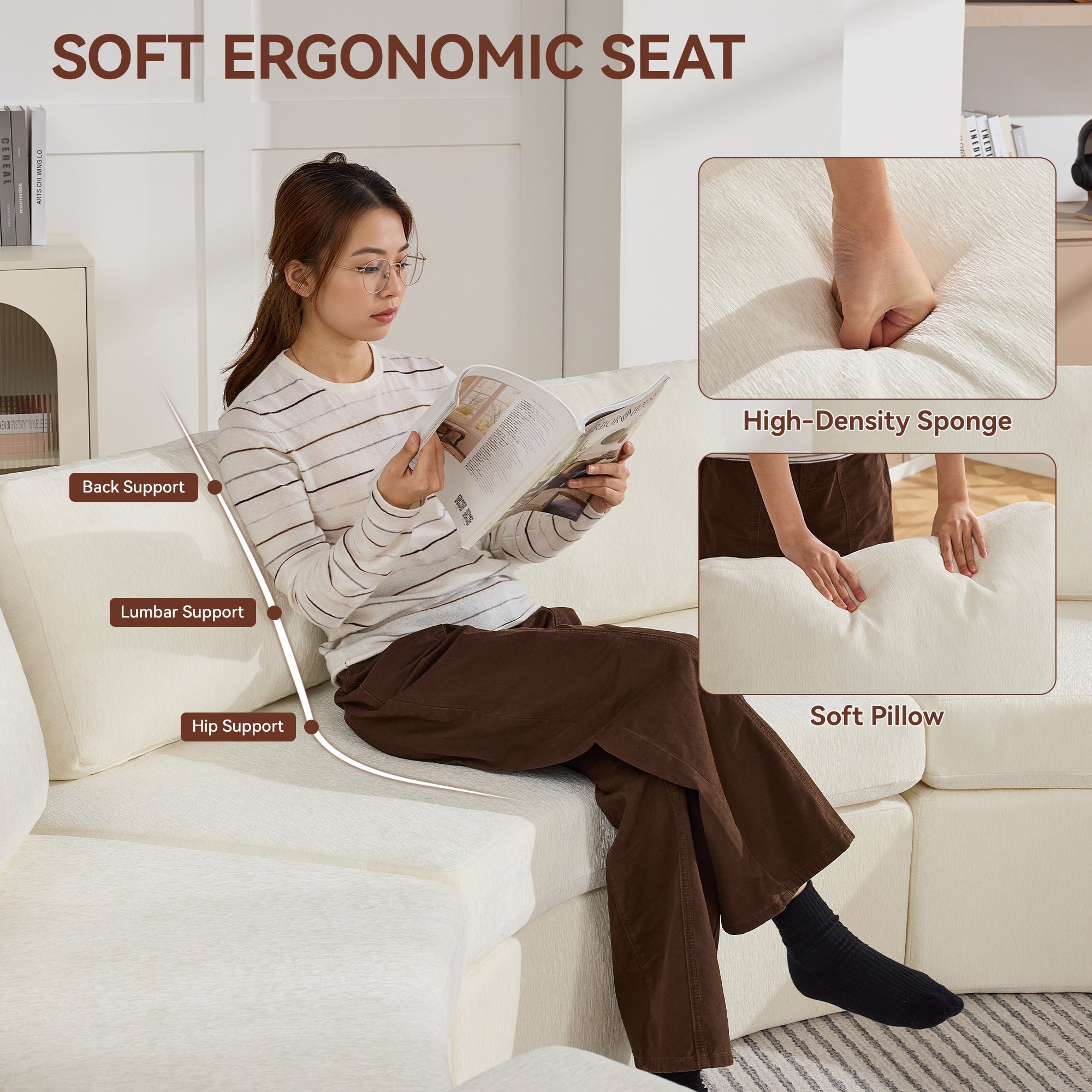 Curved Compression Sectional Couch，8 Seater，White