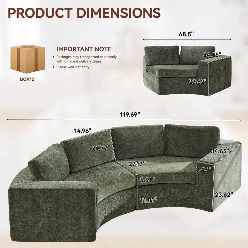 Curved Compression Sectional Couch，4 Seater，Green