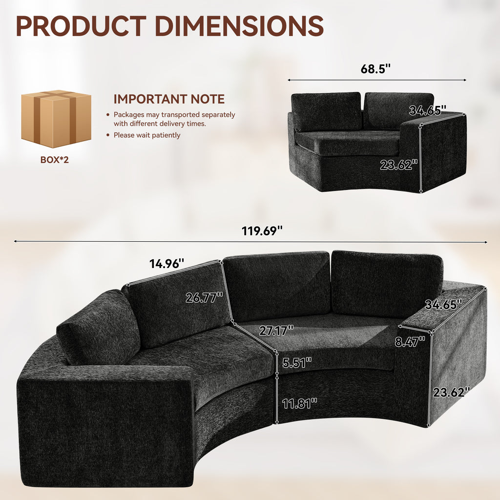 Curved Compression Sectional Couch，4 Seater，Black