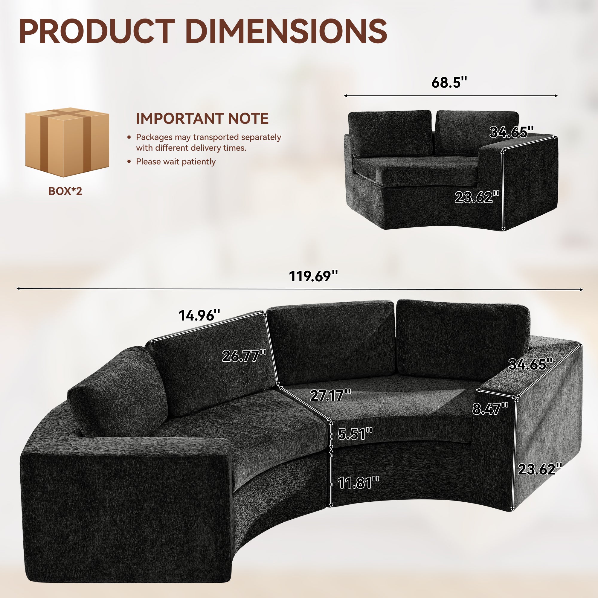 Curved Compression Sectional Couch，4 Seater，Black