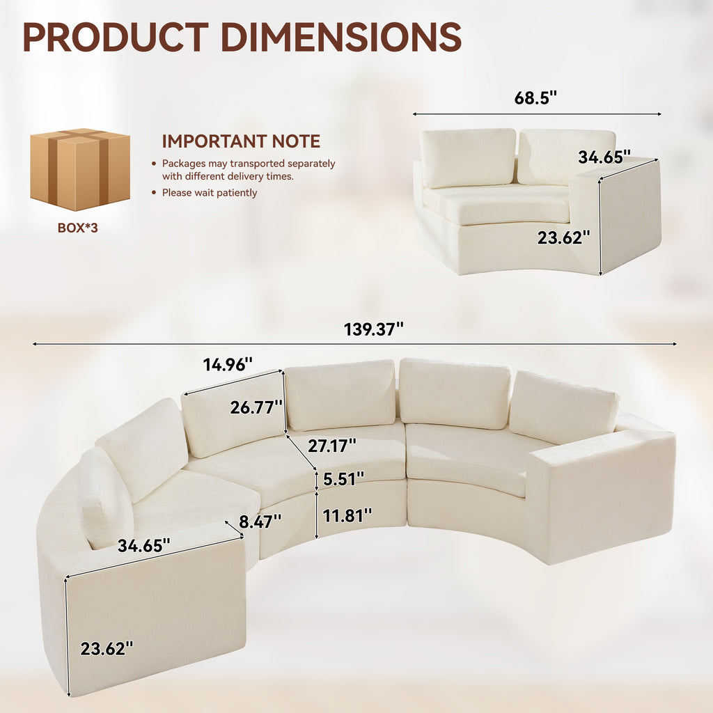 Curved Compression Sectional Couch，6 Seater，White