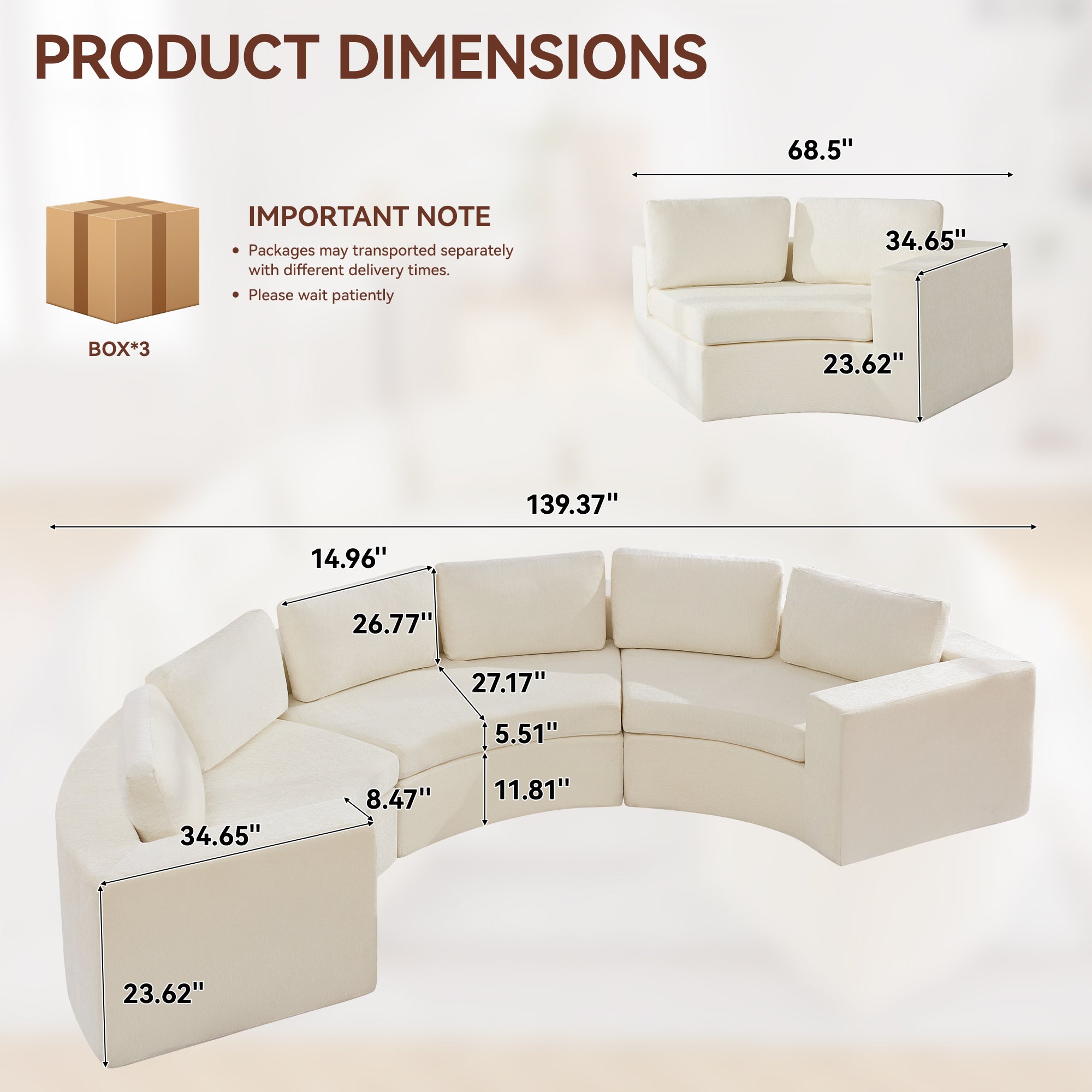 Curved Compression Sectional Couch，6 Seater，White