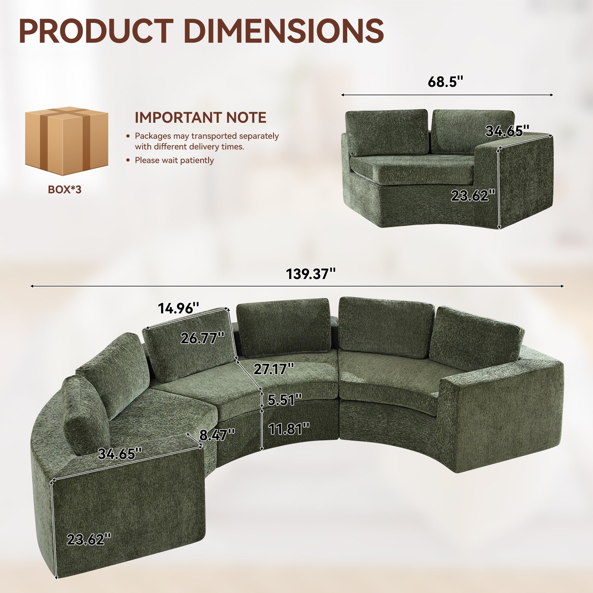Curved Compression Sectional Couch，6 Seater，Green