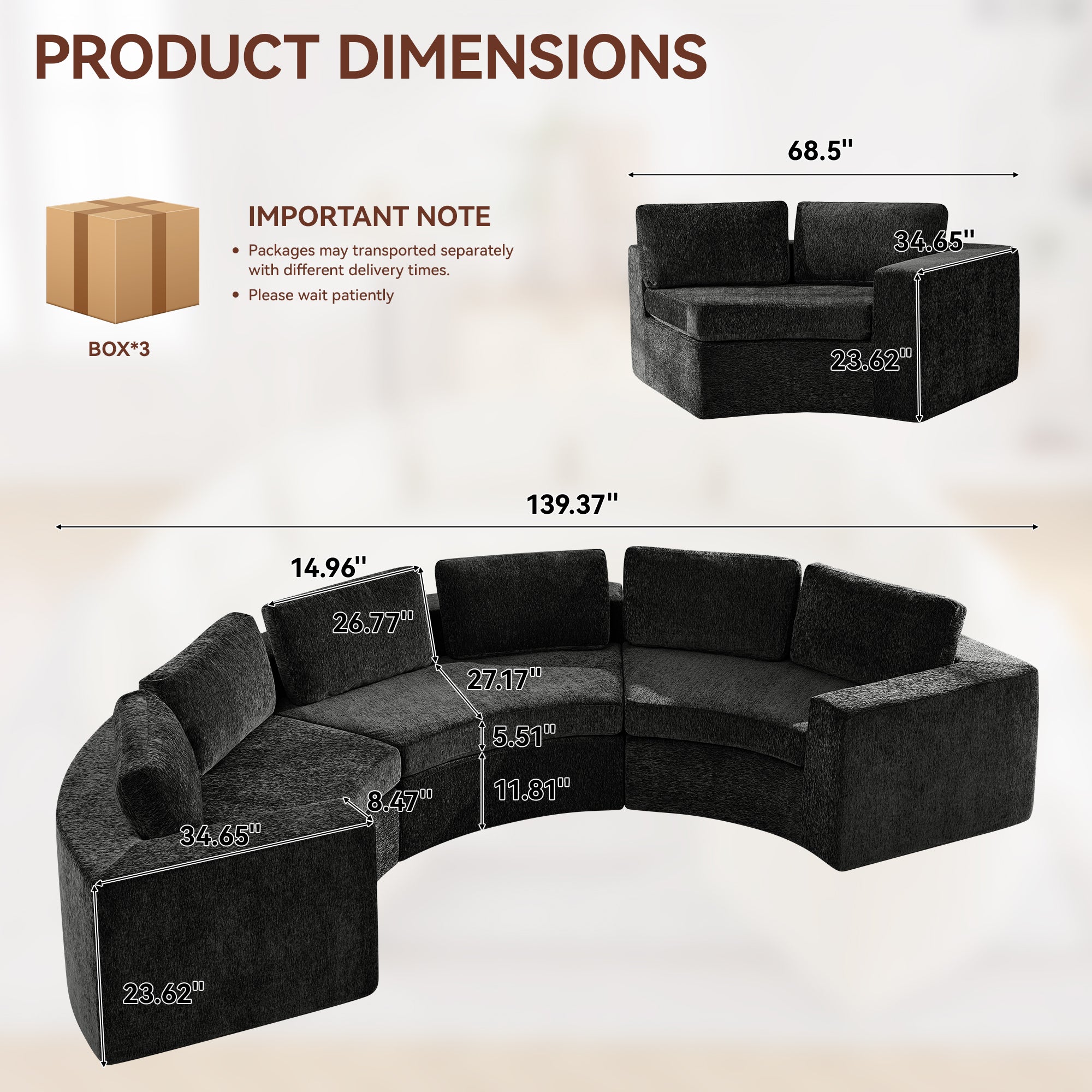 Curved Compression Sectional Couch，6 Seater，Black