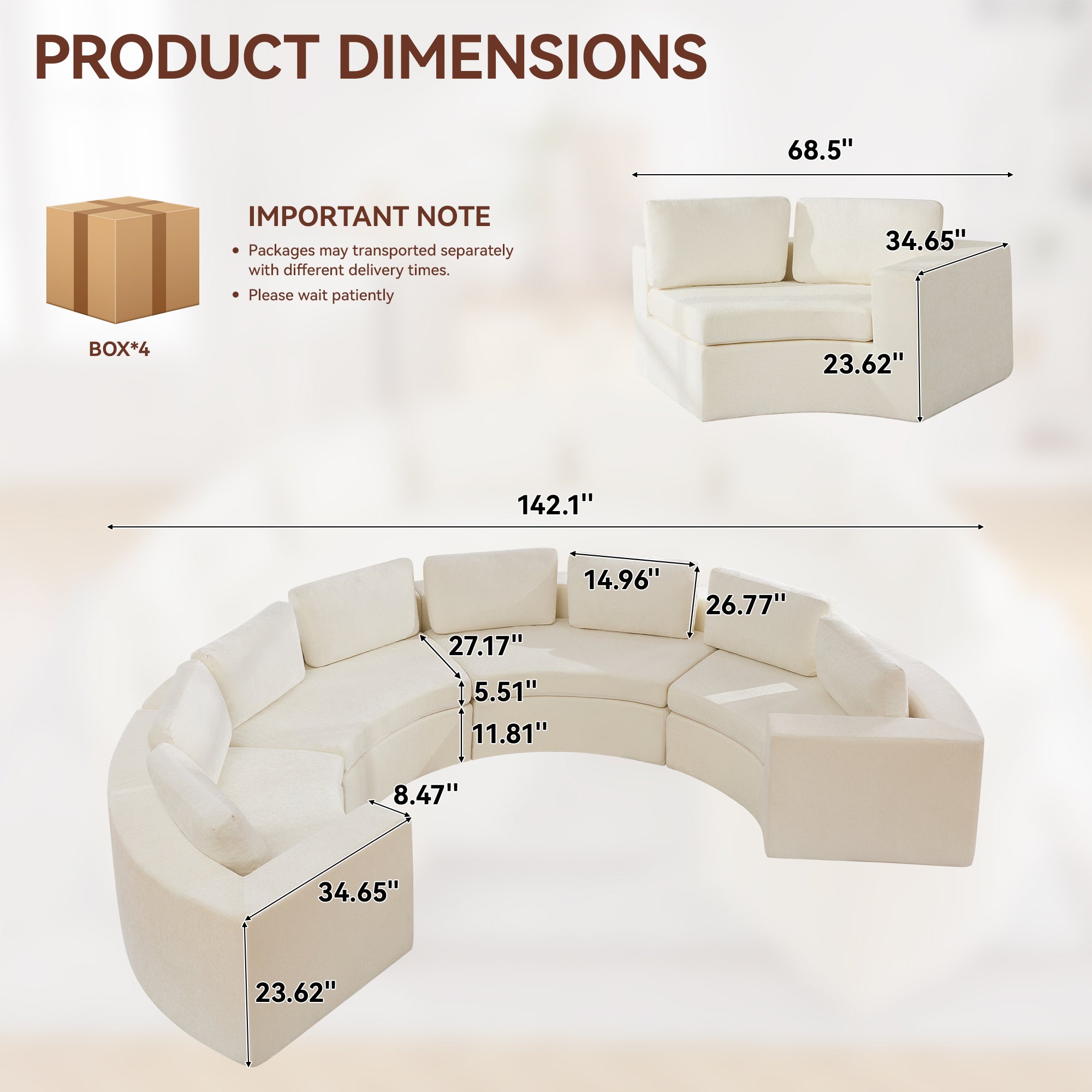 Curved Compression Sectional Couch，8 Seater，White