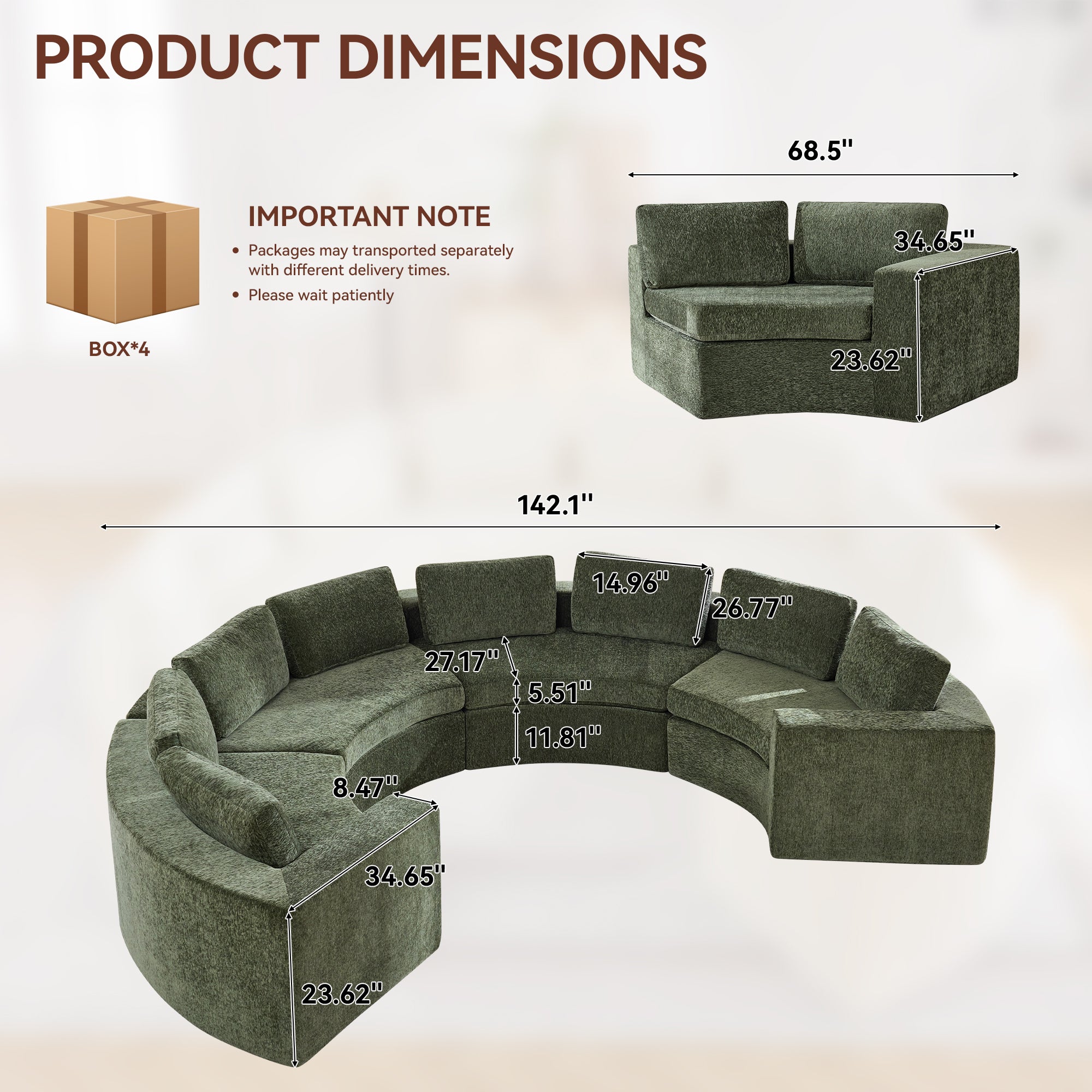 Curved Compression Sectional Couch，8 Seater，Green