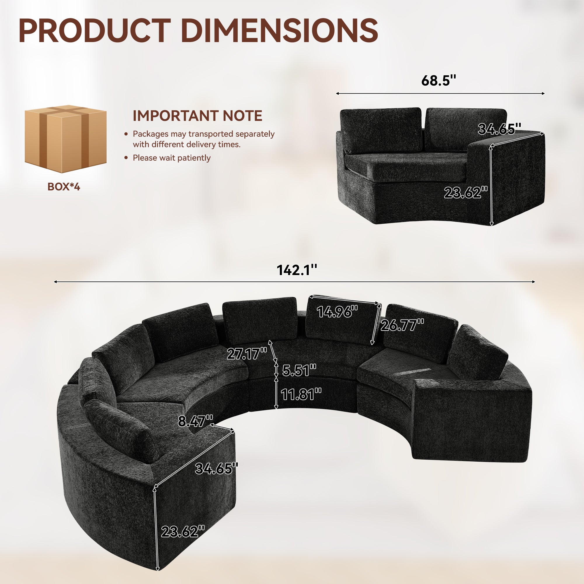 Curved Compression Sectional Couch，8 Seater，Black