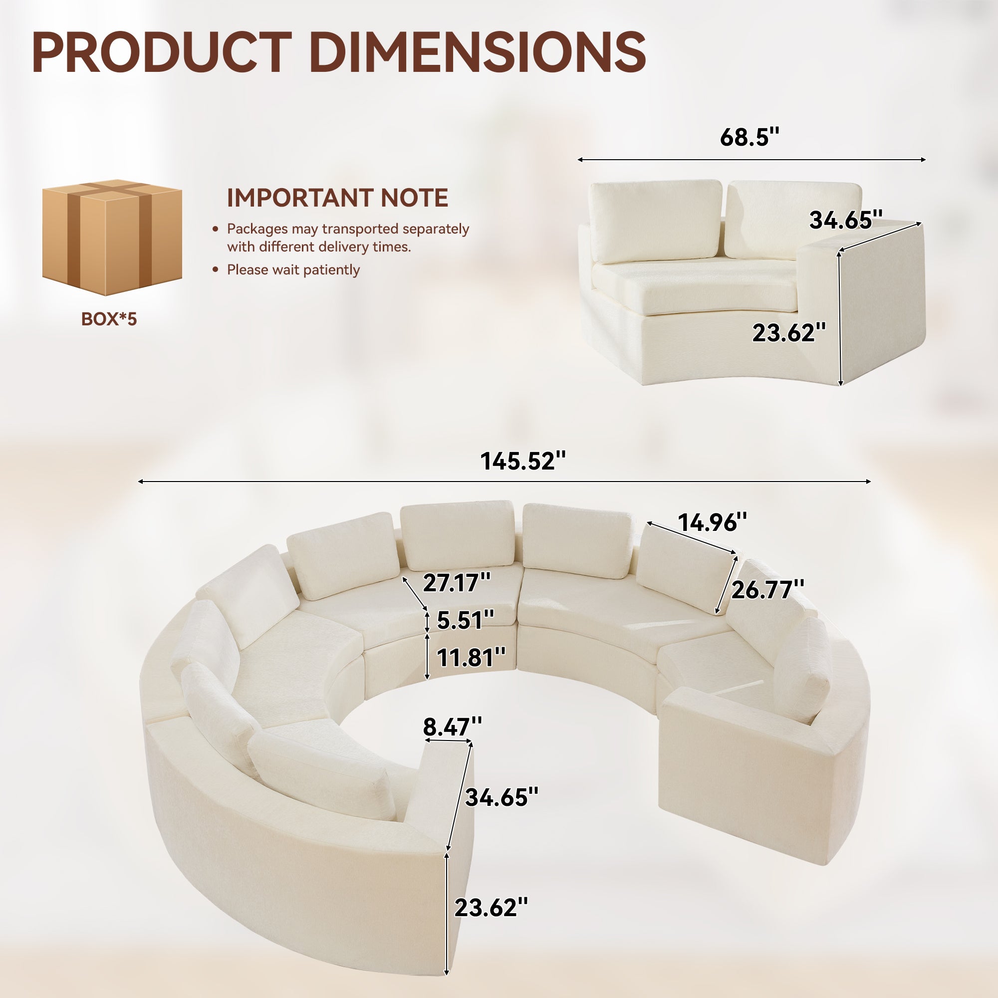 Curved Compression Sectional Couch，10 Seater，White