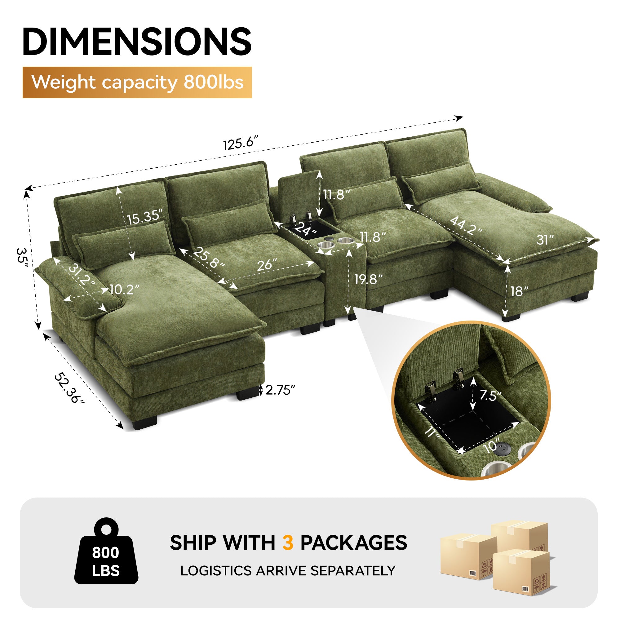 U Shaped Cloud Modular Sofa with Chaise Lounges，Green