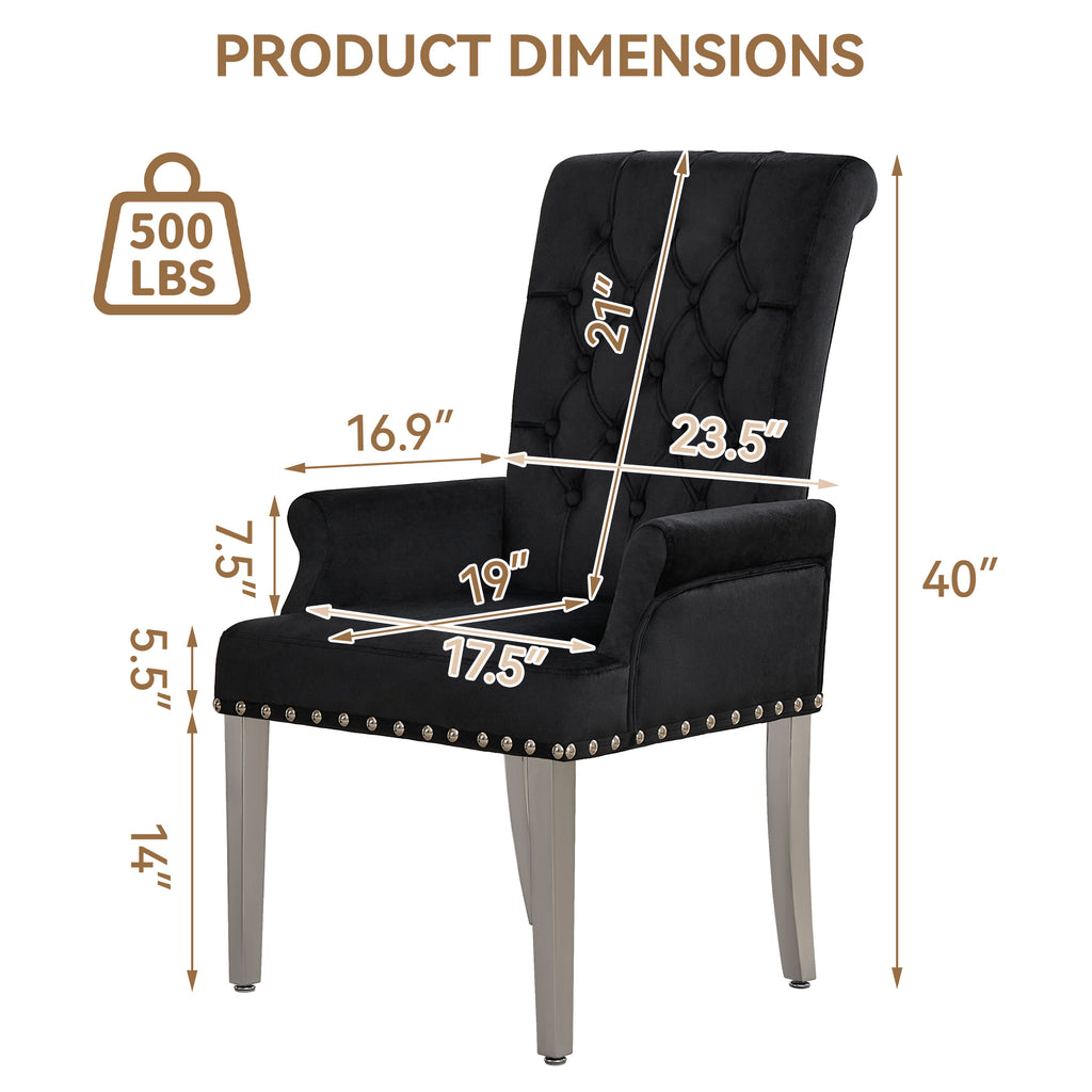 Velvet Dining Chair with Arms，Black