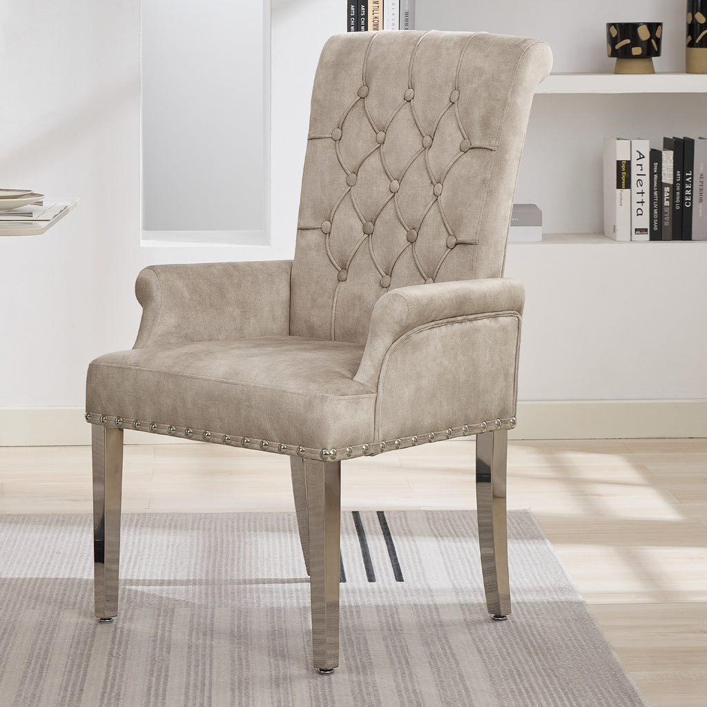 Velvet Dining Chair with Arms，Taupe
