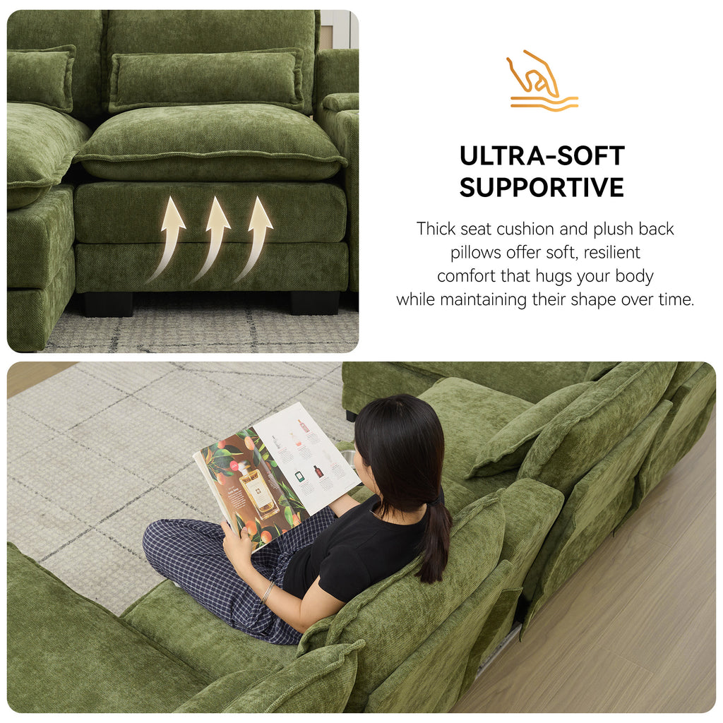 U Shaped Cloud Modular Sofa with Chaise Lounges，Green